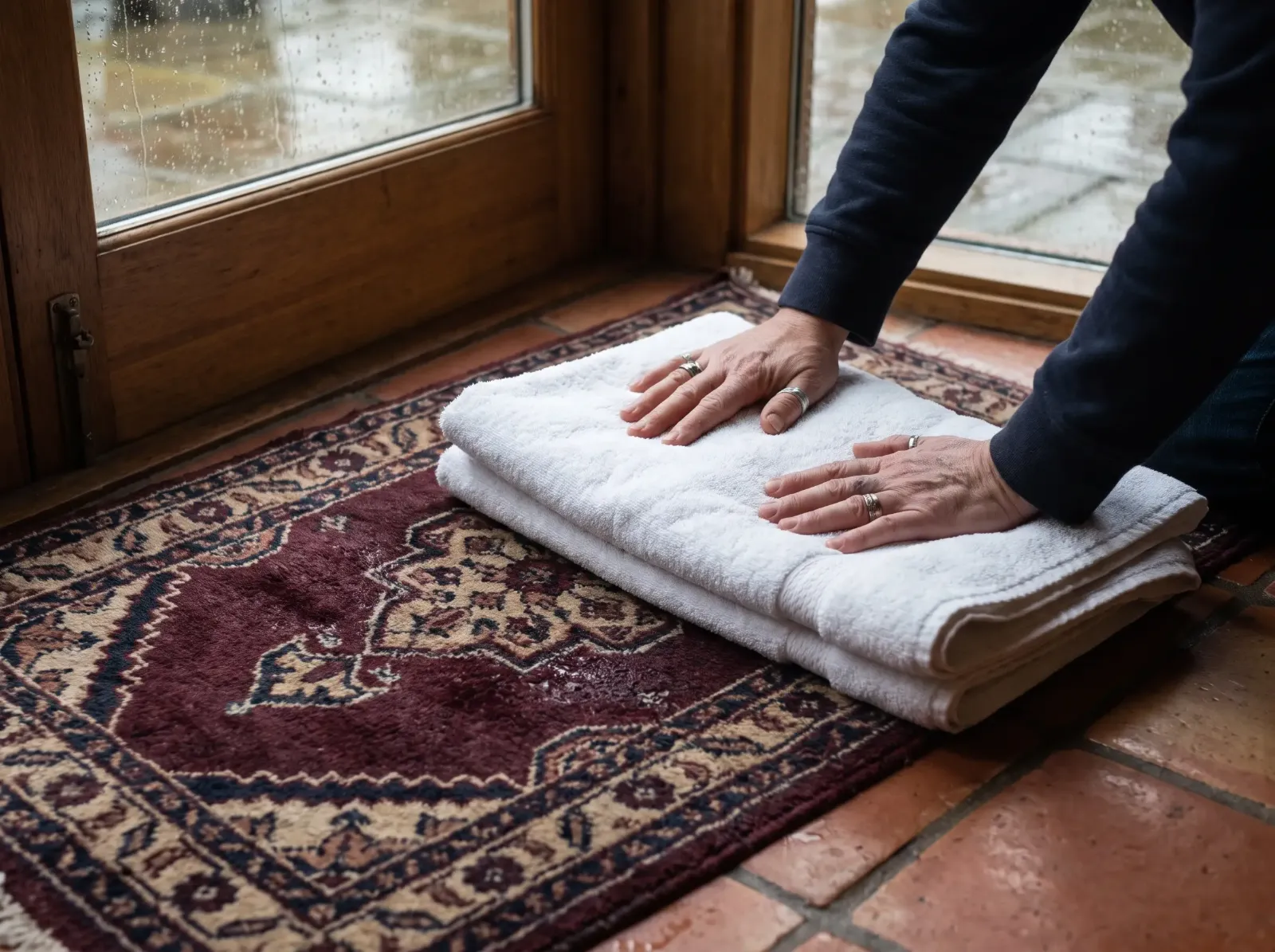 Mains épongeant un tapis d’orient mouillé avec des serviettes blanches sur un sol en tomettes (illustration)