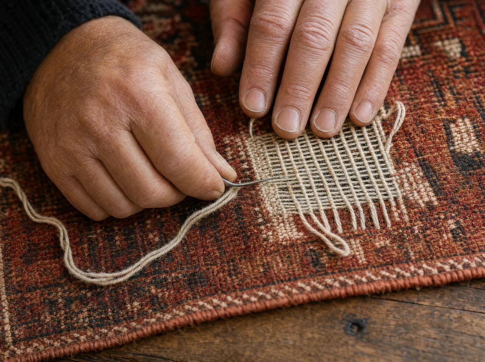 Mains reprenant à l'aiguille une lacune dans un tapis d'orient, fil de laine assorti (illustration)